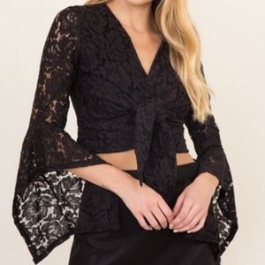 Olivaceous Tie Front Black Lace Top